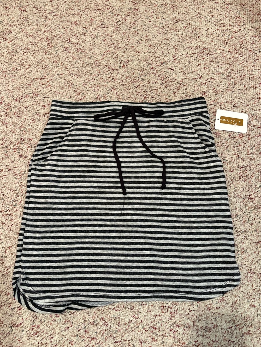 NWT Striped Black & Gray Pull-On Skirt with Drawstring